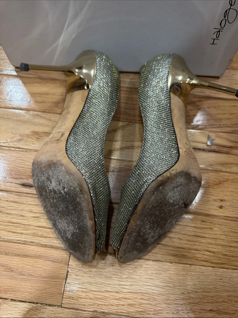 Jimmy Choo Gold Glitter Peep-Toe Heels